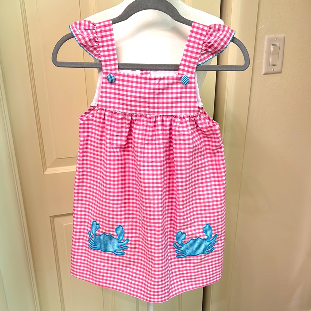 Classic Whimsy - Pink Gingham Dress with Blue Crab Appliqués - Size: 7